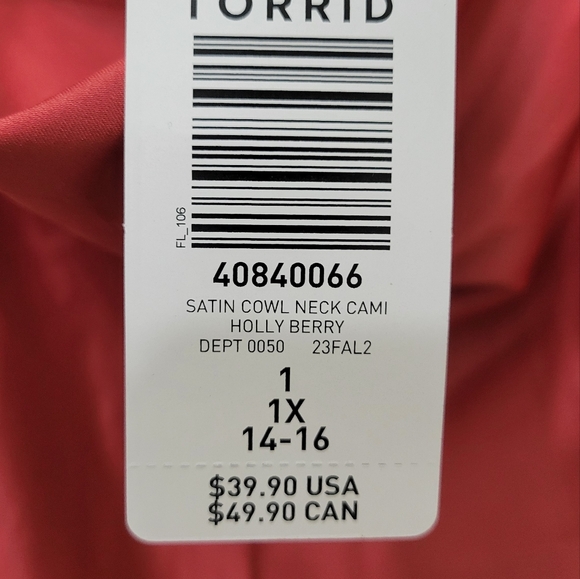 Satin Cowl Neck Cami,Torrid, 1x,Holly Berry - Picture 3 of 5